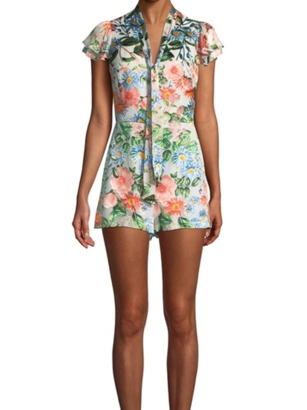Alice + Olivia Pastel Floral Tie-Neck Romper